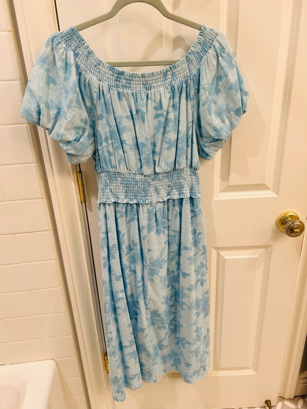 INC International Concepts Sky Blue Floral Smocked Off Shoulder Dress Jolene L - Picture 9 of 12